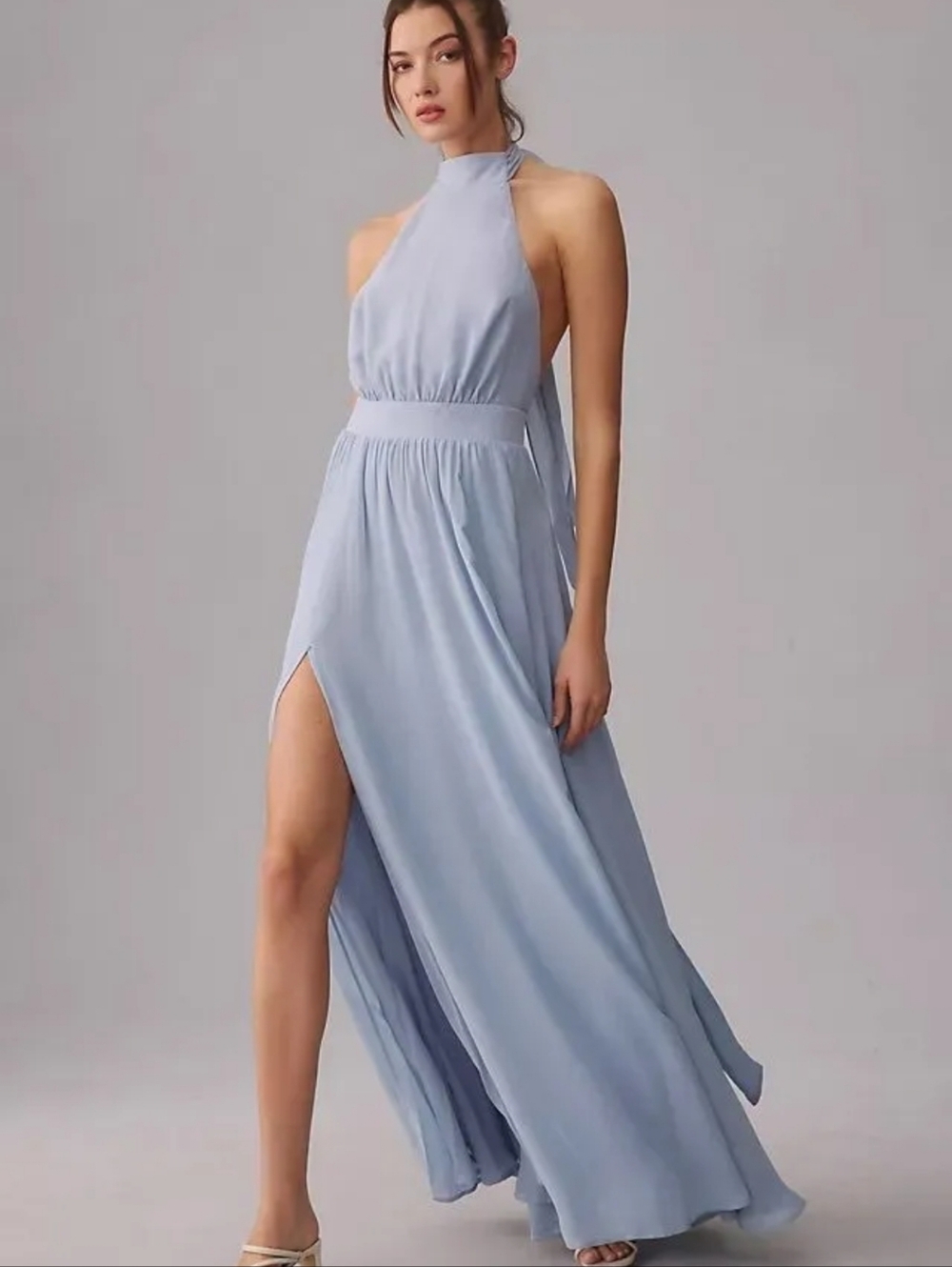 Reformatiom Andee Dress Halter Neck Light Blue Maxi Dress with Side Slit